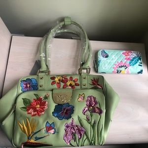 New Sharif Celadon Leather Embroidered Floral Bag & Vera Bradley Wallet